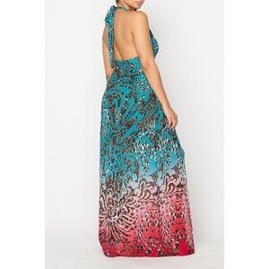 Boutique Banjul Ringing Me Blue Animal Printed Halter Maxi Dress L